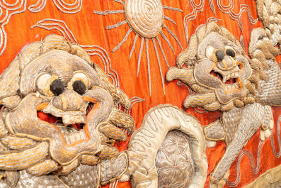 Two Chinese gold and silver-thread-embroidered silk panels with Buddhist lions and Guandi, 19th C.