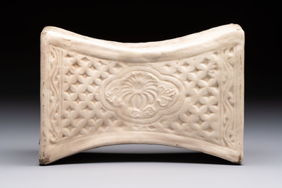 A Chinese cream-glazed pillow, a grey terracotta roof tile and a grey-glazed cover, Republic and earlier