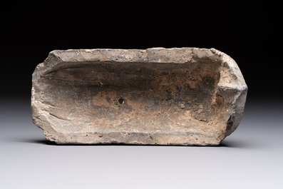 A Chinese cream-glazed pillow, a grey terracotta roof tile and a grey-glazed cover, Republic and earlier