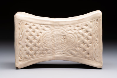 A Chinese cream-glazed pillow, a grey terracotta roof tile and a grey-glazed cover, Republic and earlier
