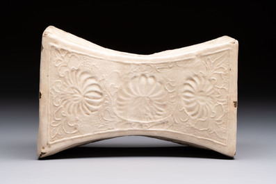 A Chinese cream-glazed pillow, a grey terracotta roof tile and a grey-glazed cover, Republic and earlier