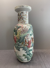 A pair of Chinese famille rose '18 Luohan' vases with relief design, 19th C.