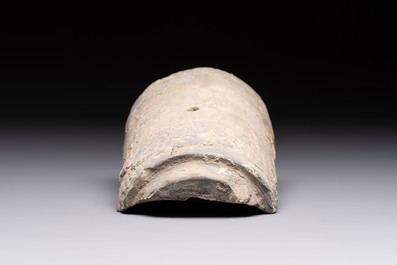 A Chinese cream-glazed pillow, a grey terracotta roof tile and a grey-glazed cover, Republic and earlier