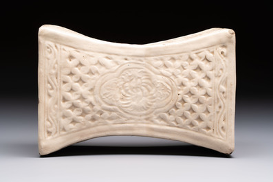 A Chinese cream-glazed pillow, a grey terracotta roof tile and a grey-glazed cover, Republic and earlier