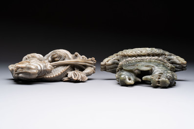 Two Chinese carved jade groups and a jade ritual 'cong' vase, 20th C.