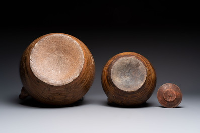 Two brown-glazed 'dragon' ewers with relief design, Qing