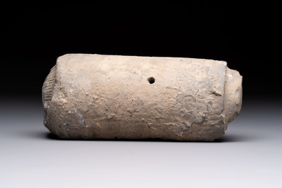 A Chinese cream-glazed pillow, a grey terracotta roof tile and a grey-glazed cover, Republic and earlier