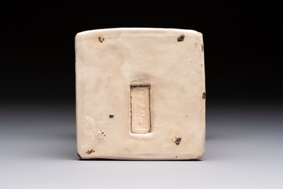 A Chinese cream-glazed pillow, a grey terracotta roof tile and a grey-glazed cover, Republic and earlier