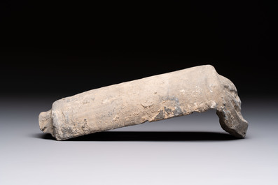 A Chinese cream-glazed pillow, a grey terracotta roof tile and a grey-glazed cover, Republic and earlier