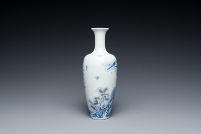 A Chinese blue, white and copper-red 'magpie and prunus' vase, Kangxi mark, 19/20th C.