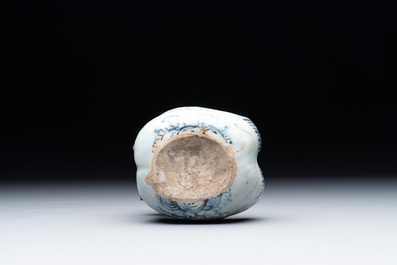 A Chinese blue and white 'double mandarin duck' ewer or water dropper on wooden stand, Ming, ca. 1500