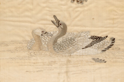 Two Chinese embroidered silk panels, 19/20th C.
