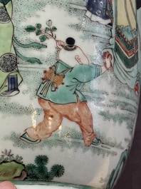 A fine Chinese famille verte 'Sanxing' rouleau vase with a gilt-bronze mount, Qing