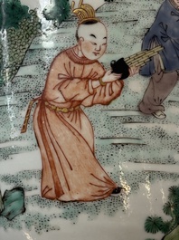A fine Chinese famille verte 'Sanxing' rouleau vase with a gilt-bronze mount, Qing