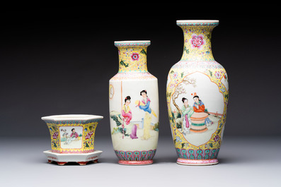 Seven Chinese famille rose vases, a scroll jar and a jardini&egrave;re on a stand, Qianlong marks, 20th C.