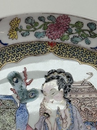 A fine Chinese famille rose ruby-back eggshell plate with a lady and playing boys, Yongzheng
