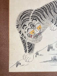 Korean school: 'A pair of tiger paintings', ink and colour on paper, Joseon, 19th C.