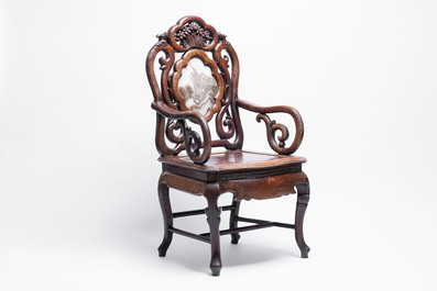 A set of three Chinese marble-inset hongmu chairs, 19th C.