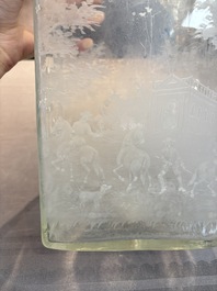 A large engraved glass 'hunting scene' flask, Southern Germany, 18th C.