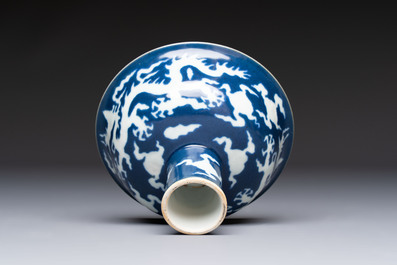A Chinese sacrificial-blue-ground stem bowl with incised dragon design, Xuande mark, Republic