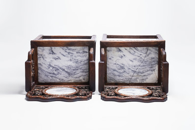 A pair of Chinese marble-inset mother-of-pearl-inlaid hongmu chairs, 19th C.