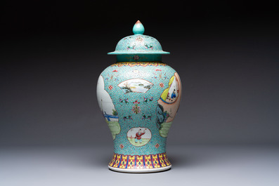 Two Chinese famille rose yellow-ground vases and a turquoise-ground vase, Qianlong and Jing De Zhen 景德鎮 marks, 20th C.