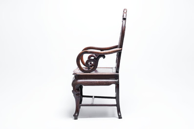A set of three Chinese marble-inset hongmu chairs, 19th C.