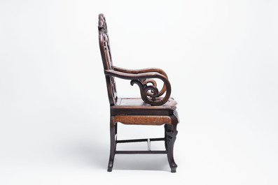 A set of three Chinese marble-inset hongmu chairs, 19th C.