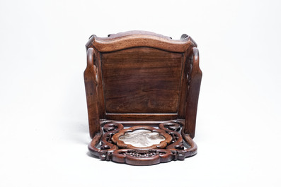 A set of three Chinese marble-inset hongmu chairs, 19th C.
