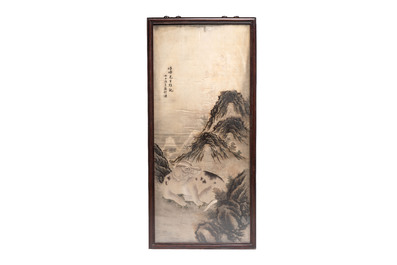A fine Chinese embroidered silk 'Dog among the Mountains' panel and two 'Poem' panels, signed Chen Yueying 陳月英, 19th C.