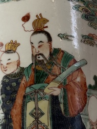 A fine Chinese famille verte 'Sanxing' rouleau vase with a gilt-bronze mount, Qing