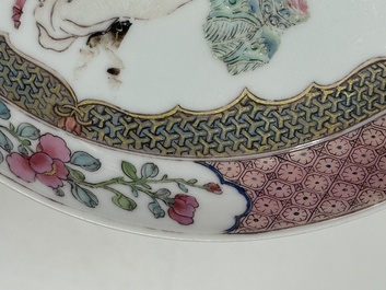 A fine Chinese famille rose ruby-back eggshell plate with a lady and playing boys, Yongzheng