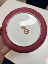 A fine Chinese famille rose ruby-back eggshell plate with a lady and playing boys, Yongzheng