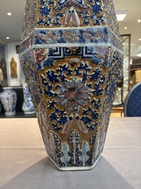 A rare Chinese hexagonal copper-red, blue and white brown-ground vase, 19th C.