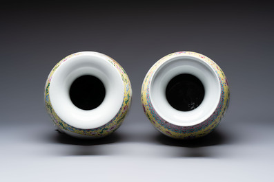 Two Chinese famille rose yellow-ground vases and a turquoise-ground vase, Qianlong and Jing De Zhen 景德鎮 marks, 20th C.