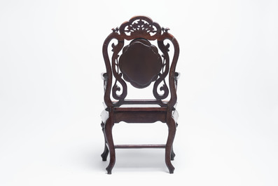 A set of three Chinese marble-inset hongmu chairs, 19th C.