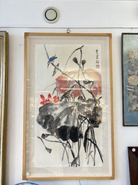 In the manner of Qi Baishi (1864-1957): 'Kingfishers Among Lotus', ink and colour on paper, signed