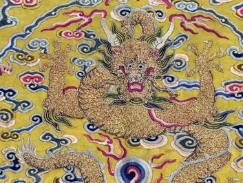 An imperial Chinese embroidered silk gold-thread yellow-ground cushion cover, Qianlong/Jiaqing