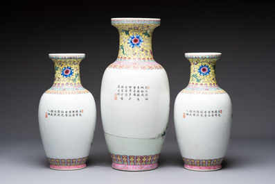 Seven Chinese famille rose vases, a scroll jar and a jardini&egrave;re on a stand, Qianlong marks, 20th C.