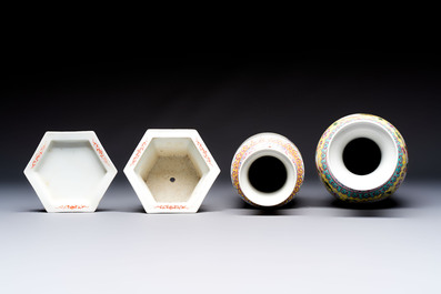 Seven Chinese famille rose vases, a scroll jar and a jardini&egrave;re on a stand, Qianlong marks, 20th C.