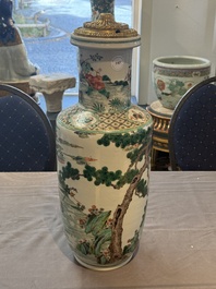 A fine Chinese famille verte 'Sanxing' rouleau vase with a gilt-bronze mount, Qing