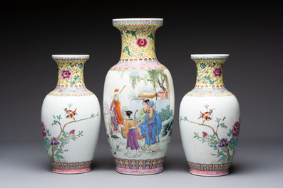 Seven Chinese famille rose vases, a scroll jar and a jardini&egrave;re on a stand, Qianlong marks, 20th C.