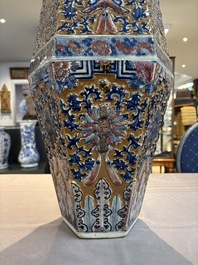A rare Chinese hexagonal copper-red, blue and white brown-ground vase, 19th C.