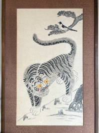 Korean school: 'A pair of tiger paintings', ink and colour on paper, Joseon, 19th C.