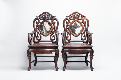A set of three Chinese marble-inset hongmu chairs, 19th C.