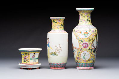 Seven Chinese famille rose vases, a scroll jar and a jardini&egrave;re on a stand, Qianlong marks, 20th C.