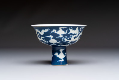 A Chinese sacrificial-blue-ground stem bowl with incised dragon design, Xuande mark, Republic