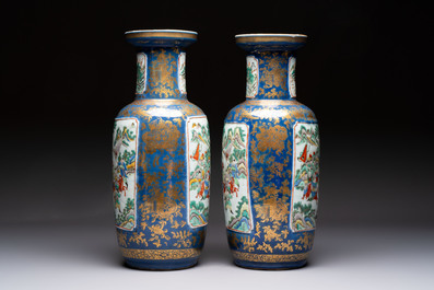 A pair of Chinese famille verte blue-ground gilt-decorated vases and a famille rose 'Elegant Beauties' vase, 19th C.