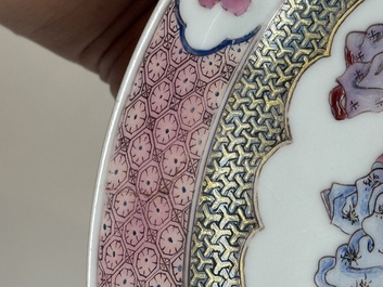 A fine Chinese famille rose ruby-back eggshell plate with a lady and playing boys, Yongzheng