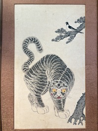 Korean school: 'A pair of tiger paintings', ink and colour on paper, Joseon, 19th C.